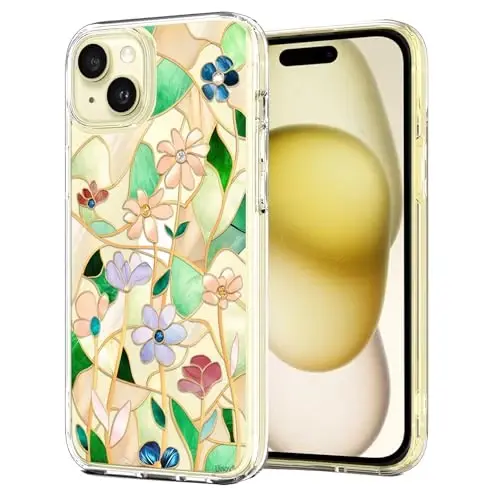Unov Case Compatible with iPhone 15 Case Clear with Design Embossed Floral Pattern Soft TPU Bumper Slim Protective 6.1 Inch (Stained Glass Flower) 