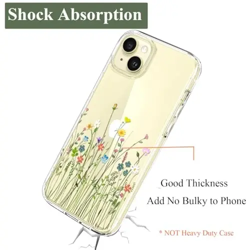 Unov Case Compatible with iPhone 15 Case Clear with Design Embossed Floral Pattern Soft TPU Bumper Slim Protective 6.1 Inch (Flower Bouquet) - 6
