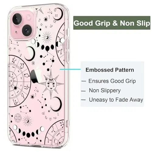 Unov for iPhone 15 Case, Clear with Design, Slim Fit Good Grip, Embossed Phone Case, Shockproof Protective Cover, Raised Camera Protection, Soft TPU, Zodiac Galaxy - 4