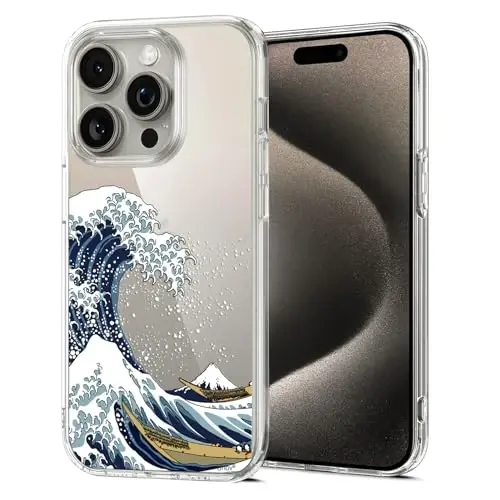 Unov Case Compatible with iPhone 15 Pro Case Clear with Design Embossed Pattern Soft TPU Bumper Slim Protective 6.1 Inch (Great Wave) 