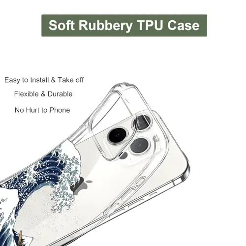 Unov Case Compatible with iPhone 15 Pro Case Clear with Design Embossed Pattern Soft TPU Bumper Slim Protective 6.1 Inch (Great Wave) - 4