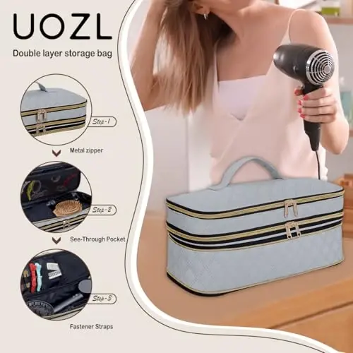 UOZL Soch Keltirgich Sayohat Sumkasi, Jingalak Dazmol Saqlash Sumkasi, Ingichka Kengaytiriladigan Qo'lda Ikki Qavatli Sayohat Saqlash Sumkasi Keltirgich/Soch Asboblari Tashkilotchisi/Uslub Tashkilotchisi uchun - 4