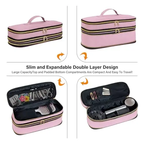 UOZL Soch quritgich uchun sayohat sumkasi, jingalak dazmolni saqlash sumkasi, ingichka kengaytiriladigan qo'lda ushlab turiladigan ikki qavatli sayohat sumkasi quritgich/soch asboblari tashkilotchisi/stil tashkilotchisi uchun - 4