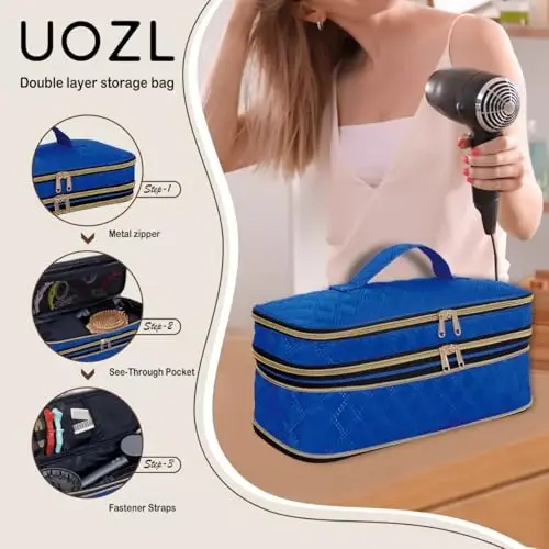 UOZL Soch quritgich uchun sayohat sumkasi, kıvırcık ütük saqlash sumkasi, ingichka kengaytiriladigan qo'lda ikki qatlamli sayohat saqlash sumkasi, fen/soch turmaklash vositasi tashkilotchisi/uslub tashkilotchisi - 4