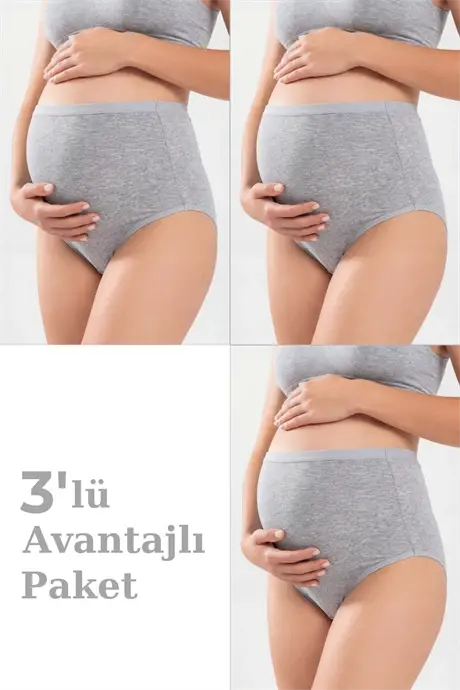 Упаковка из 3 штук женских серых хлопковых эластичных трусов с высокой талией для беременных и кормящих, эластичная и удобная ткань - BÜYÜKBEDENIZ
