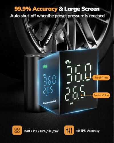 UpBeatPlus T1 Portable Tire Inflator with 160 PSI, 4X Faster Air Pump, Wireless Car Tire Inflator with Pressure Gauge, Suitable for Car, Motorcycle, Bicycle, and Ball Inflation - 3