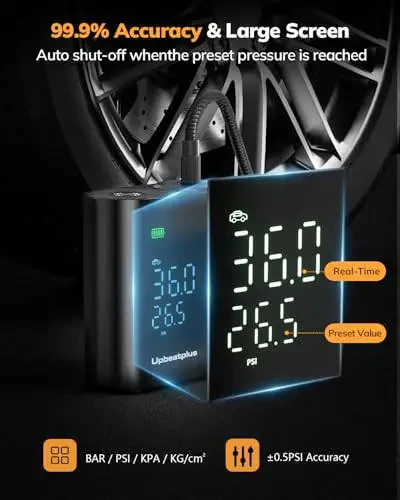 UpBeatPlus T1 Portable Tire Inflator with 160 PSI, 4X Faster Air Pump, Wireless Car Tire Inflator with Pressure Gauge, Suitable for Car, Motorcycle, Bicycle, and Ball Inflation﻿ - 3