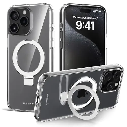 Upcommon Flex Stand Case, O‘rnatilgan magnit tayanch, MagSafe bilan mos, Yengil himoya qopqog‘i, Zarba o‘tkazmaydigan (iPhone 15 Pro Max) Shaffof 