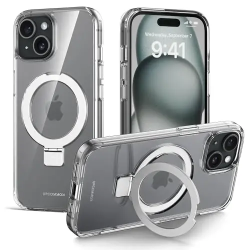 Upcommon Flex Stand Case, Oʻrnatilgan magnit tayanch, MagSafe bilan mos, Yupqa himoya qopqogʻi, Zarba oʻtkazmaydigan (iPhone 15) Shaffof - UPCOMMON