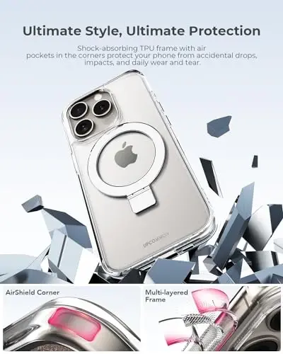 Upcommon Flex Stand Case, O‘rnatilgan magnit tirgak, MagSafe bilan mos, Yupqa himoya qopqog‘i, Zarba o‘tkazmaydigan (iPhone 15 Pro) Shaffof - 5