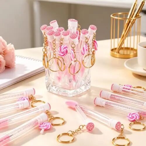 Upgrade 48 Pcs Disposable Mascara Wands Set Eyebrow Spoolies | 24 Lash Spoolies Brush and 24 Reusable Keychain Empty Eyelash Brush Tubes for Eyelash Extension Kit Make Up Tools - 1