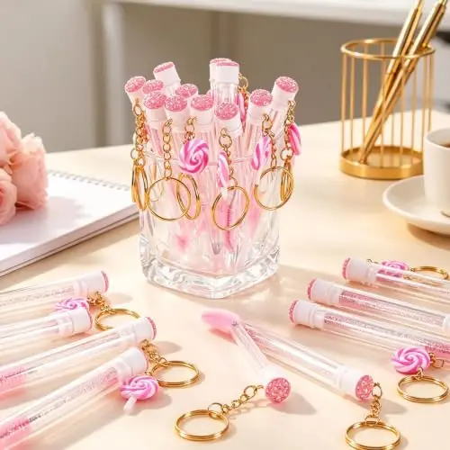 Upgrade 48 Pcs Disposable Mascara Wands Set Eyebrow Spoolies | 24 Lash Spoolies Brush and 24 Reusable Keychain Empty Eyelash Brush Tubes for Eyelash Extension Kit Make Up Tools - 1