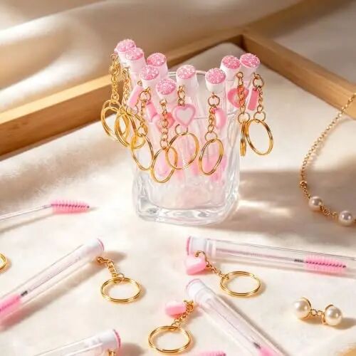 Upgrade 48 Pcs Disposable Mascara Wands Set Eyebrow Spoolies, White/Pink | 24 Lash Spoolies Brush and 24 Reusable Keychain Empty Eyelash Brush Tubes for Eyelash Extension Kit Make Up Tools - SANARITA