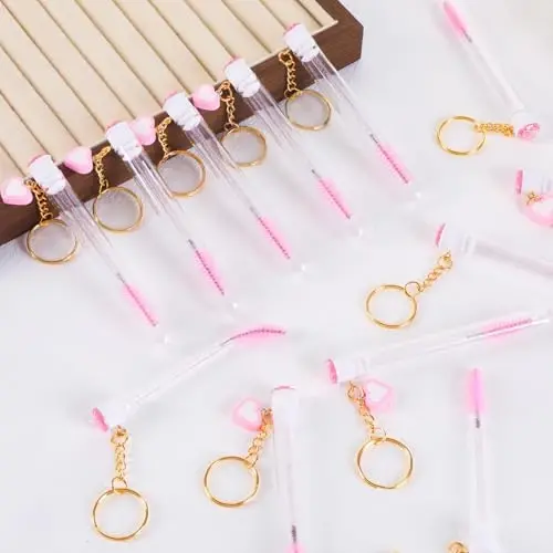 Upgrade 48 Pcs Disposable Mascara Wands Set Eyebrow Spoolies, White/Pink | 24 Lash Spoolies Brush and 24 Reusable Keychain Empty Eyelash Brush Tubes for Eyelash Extension Kit Make Up Tools - 3