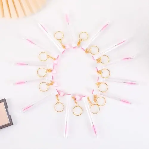 Upgrade 48 Pcs Disposable Mascara Wands Set Eyebrow Spoolies, White/Pink | 24 Lash Spoolies Brush and 24 Reusable Keychain Empty Eyelash Brush Tubes for Eyelash Extension Kit Make Up Tools - 4