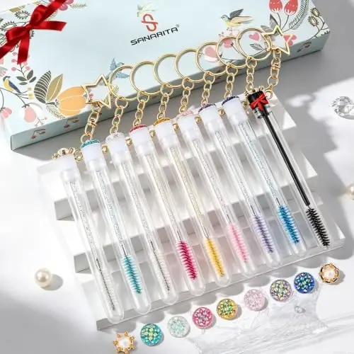 Upgrade 48 Pieces Disposable Mascara Wands Set, Extremely Durable Diamond Mascara for Women and Girls - Include 24 Pcs Crystal Lash Spoolies Brush and 24 Pcs Reusable Keychain Empty Eyelash Brush Tubes 