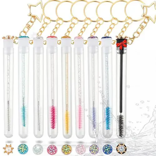 Upgrade 48 Pieces Disposable Mascara Wands Set, Extremely Durable Diamond Mascara for Women and Girls - Include 24 Pcs Crystal Lash Spoolies Brush and 24 Pcs Reusable Keychain Empty Eyelash Brush Tubes - 3