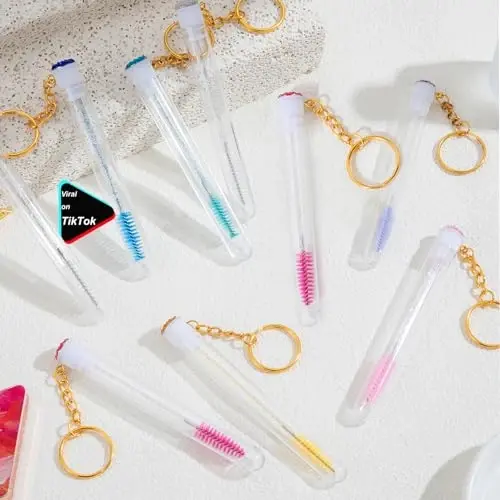 Upgrade 48 Pieces Disposable Mascara Wands Set, Include 24 Pcs Crystal Lash Spoolies Brush and 24 Pcs Reusable Keychain Empty Eyelash Brush Tubes 