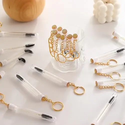 Upgrade 48 Pieces Disposable Mascara Wands Set, Include 24 Pcs Crystal Lash Spoolies Brush and 24 Pcs Reusable Keychain Empty Eyelash Brush Tubes (Gold) 