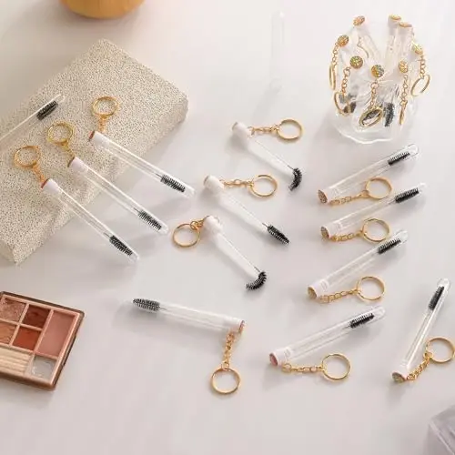 Upgrade 48 Pieces Disposable Mascara Wands Set, Include 24 Pcs Crystal Lash Spoolies Brush and 24 Pcs Reusable Keychain Empty Eyelash Brush Tubes (Gold) - 2