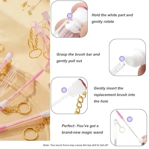 Upgrade 48 Pieces Disposable Mascara Wands Set, Include 24 Pcs Crystal Lash Spoolies Brush and 24 Pcs Reusable Keychain Empty Eyelash Brush Tubes (Pink) - 3