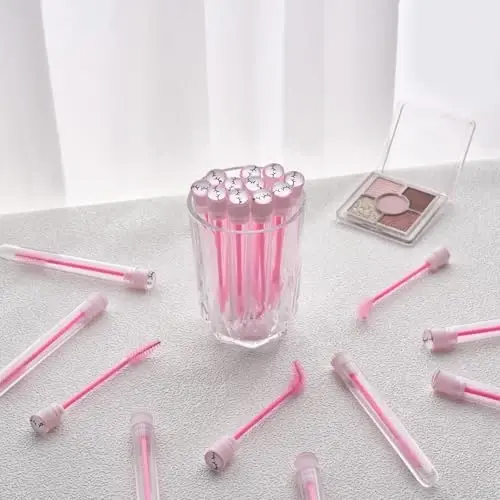 Upgrade 48 Pieces Disposable Mascara Wands Set, Include 24 Pcs Crystal Lash Spoolies Brush and 24 Pcs Reusable Keychain Empty Eyelash Brush Tubes Pink - 4