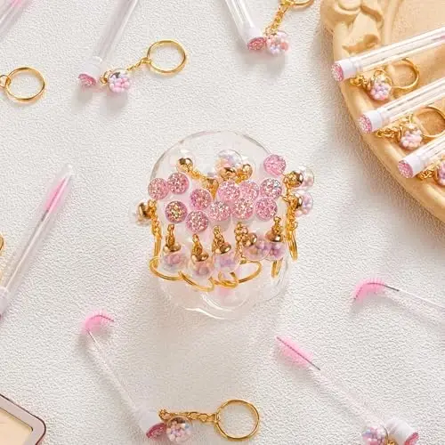 Upgrade 48 Pieces Disposable Mascara Wands Set, Include 24 Pcs Crystal Lash Spoolies Brush and 24 Pcs Reusable Keychain Empty Eyelash Brush Tubes Pink - 1