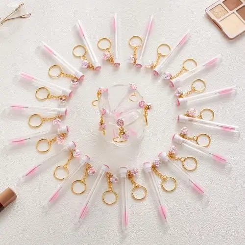 Upgrade 48 Pieces Disposable Mascara Wands Set, Include 24 Pcs Crystal Lash Spoolies Brush and 24 Pcs Reusable Keychain Empty Eyelash Brush Tubes Pink - 3