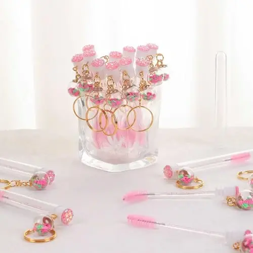 Upgrade 48 Pieces Disposable Mascara Wands Set, Include 24 Pcs Crystal Lash Spoolies Brush and 24 Pcs Reusable Keychain Empty Eyelash Brush Tubes Pink(Strawberry) - SANARITA (1)