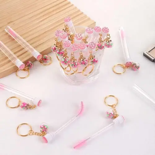 Upgrade 48 Pieces Disposable Mascara Wands Set, Include 24 Pcs Crystal Lash Spoolies Brush and 24 Pcs Reusable Keychain Empty Eyelash Brush Tubes Pink(Strawberry) - 3