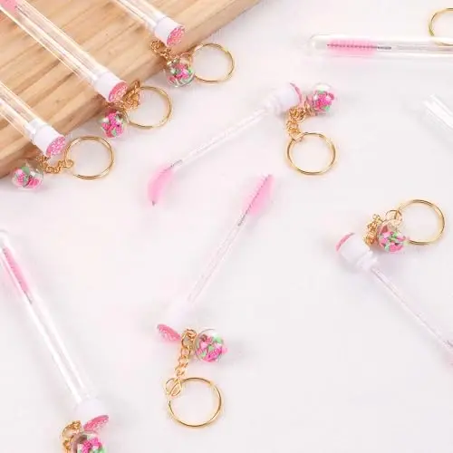 Upgrade 48 Pieces Disposable Mascara Wands Set, Include 24 Pcs Crystal Lash Spoolies Brush and 24 Pcs Reusable Keychain Empty Eyelash Brush Tubes Pink(Strawberry) - 4