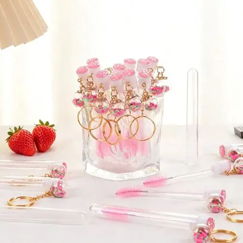 Upgrade 48 Pieces Disposable Mascara Wands Set, Include 24 Pcs Crystal Lash Spoolies Brush and 24 Pcs Reusable Keychain Empty Eyelash Brush Tubes Pink(Strawberry) 