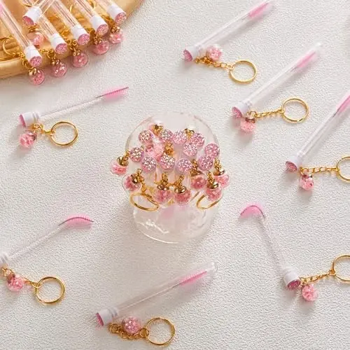 Upgrade 48 Pieces Disposable Mascara Wands Set, Include 24 Pcs Cute Crystal Lash Spoolies Brush and 24 Pcs Reusable Keychain Empty Eyelash Brush Tubes - 3