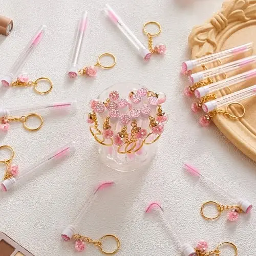 Upgrade 48 Pieces Disposable Mascara Wands Set, Include 24 Pcs Cute Crystal Lash Spoolies Brush and 24 Pcs Reusable Keychain Empty Eyelash Brush Tubes 