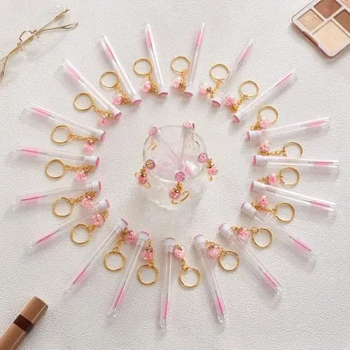 Upgrade 48 Pieces Disposable Mascara Wands Set, Include 24 Pcs Cute Crystal Lash Spoolies Brush and 24 Pcs Reusable Keychain Empty Eyelash Brush Tubes - SANARITA (1)