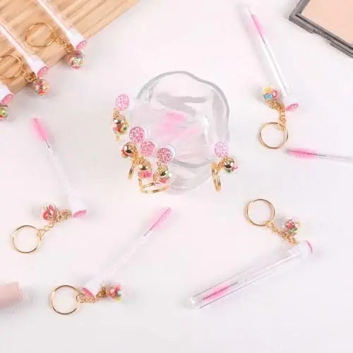 Upgrade 48 Pieces Disposable Mascara Wands Set, Include 24 Pcs Cute Crystal Lash Spoolies Brush and 24 Pcs Reusable Keychain Empty Eyelash Brush Tubes(Fruit) - 3