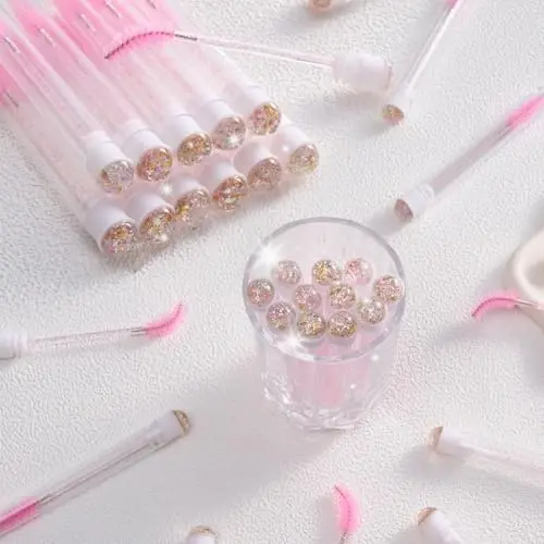 Upgrade 48 Pieces Disposable Mascara Wands Set,Diamond Mascara for Women and Girls- Include 24 Pcs Crystal Lash Spoolies Brush and 24 Pcs Reusable Keychain Empty Eyelash Brush Tubes Gold/White 