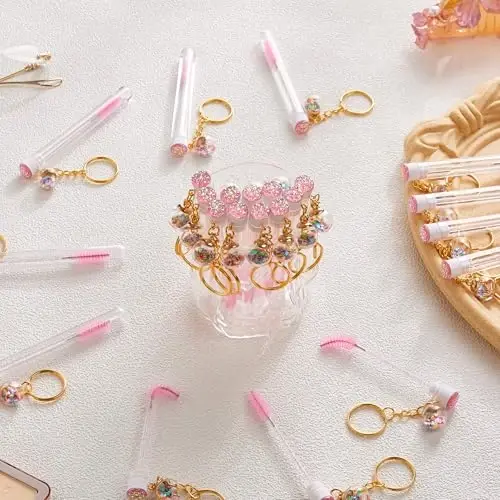 Upgrade 48 Pieces Disposable Mascara Wands Set,Diamond Mascara for Women and Girls- Include 24 Pcs Crystal Lash Spoolies Brush and 24 Pcs Reusable Keychain Empty Eyelash Brush Tubes Pink - 3