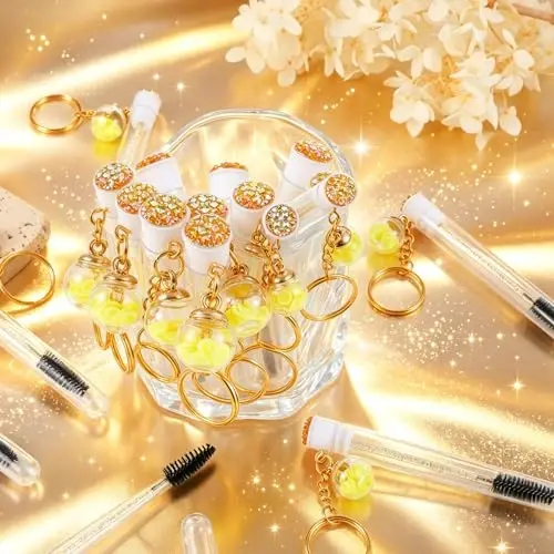 Upgrade 48 Pieces Disposable Mascara Wands Set,Diamond Mascara for Women and Girls- Include 24 Pcs Crystal Lash Spoolies Brush and 24 Pcs Reusable Keychain Empty Eyelash Brush Tubes Pink(Lemon) 