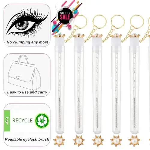 Upgrade 48 Pieces Disposable Mascara Wands Set,Include 24 Pcs Crystal Lash Spoolies Brush and 24 Pcs Reusable Keychain Empty Eyelash Brush Tubes - 5