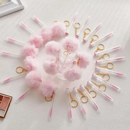Upgrade 48 Pieces Disposable Mascara Wands Set,Include 24 Pcs Crystal Lash Spoolies Brush and 24 Pcs Reusable Keychain Empty Eyelash Brush Tubes 