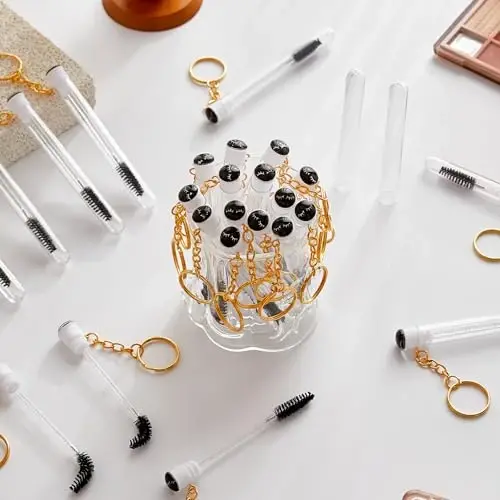 Upgrade 48 Pieces Disposable Mascara Wands Set,Include 24 Pcs Crystal Lash Spoolies Brush and 24 Pcs Reusable Keychain Empty Eyelash Brush Tubes (Black) 