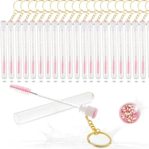 Upgrade 48 Pieces Disposable Mascara Wands Set,Mascara Brush Tube for Women and Girls- Include 24 Pcs Crystal Lash Spoolies Brush and 24 Pcs Reusable Keychain Empty Eyelash Brush Tubes(Pink) 