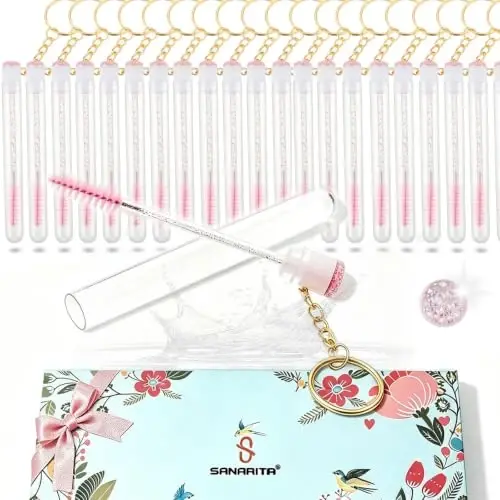 Upgrade 48 Pieces Disposable Mascara Wands Set,Mascara Brush Tube for Women and Girls- Include 24 Pcs Crystal Lash Spoolies Brush and 24 Pcs Reusable Keychain Empty Eyelash Brush Tubes(Pink) 