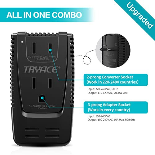 Upgrade TryAce 2000W Voltage Converter, Step Down 220V to 110V Converter for Hair Dryer Straightener Curling Iron, Suitable for Toothbrush Shaver, 10A Power Adapter for Laptop Phone, EU/UK/AU/US Plug - TryAce (1)