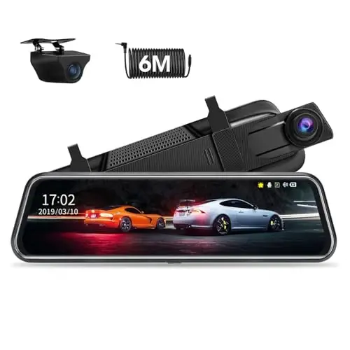 Upgraded 10'' Rear View Mirror Camera Mirror Dash Cam Front and Rear 1080P Backup Camera Full Touch Screen w Loop Recording, G-Sensor Night Vision 170° Wide Angle - 1