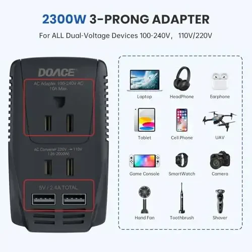 Upgraded 2000W 220V to 110V Converter for European Travel, Voltage Converter US to Europe for Hair Dryer Straightener Curling Iron, 2300W Adapter with EU/UK/AU/US Plugs for Laptop Camera Cell Phone - 2