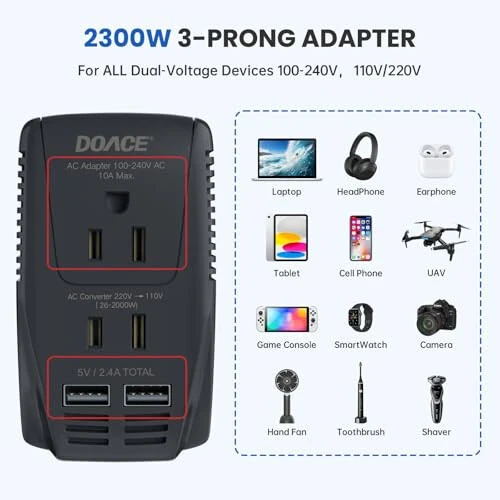 Upgraded DoAce 2000W Travel Voltage Converter for Hair Dryer Straightener Curling Iron, Step Down 220V to 110V Converter, 10A Power Adapter with 2 USB and EU/UK/AU/US Plug for Laptop Camera Cell Phone - DOACE