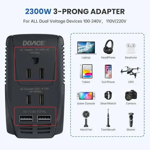 Upgraded DoAce 2000W Travel Voltage Converter for Hair Dryer Straightener Curling Iron, Step Down 220V to 110V Converter, 10A Power Adapter with 2 USB and EU/UK/AU/US Plug for Laptop Camera Cell Phone - 1