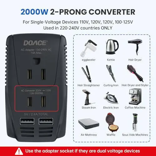 Upgraded DoAce 2000W Travel Voltage Converter for Hair Dryer Straightener Curling Iron, Step Down 220V to 110V Converter, 10A Power Adapter with 2 USB and EU/UK/AU/US Plug for Laptop Camera Cell Phone - 2